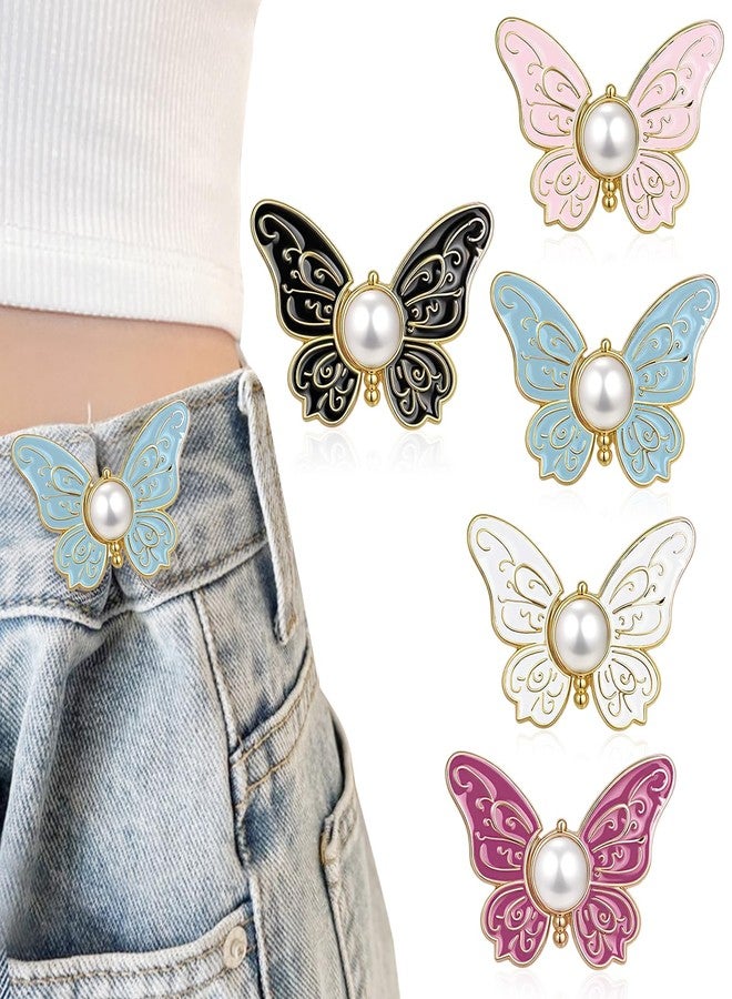 TecoKart® 5 Sets Butterfly Jean Buttons Waist Tightener for Loose Pants, No-Sew Adjustable Waist Buckle Clips, Detachable Decorative Jean Button Pins for Women’s Jeans & Skirts - Image 1